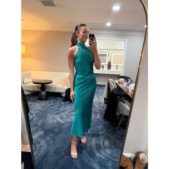 FAVIANA Green Satin Sleeveless Halter Neck Thigh-High Side Slit Gown Dress sz 14 - Picture 13 of 16